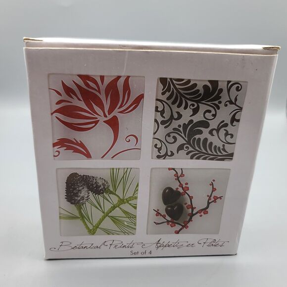 Botanical Prints Appetizer Plates Lot of 4 5"x5" Square Glass - Picture 1 of 16